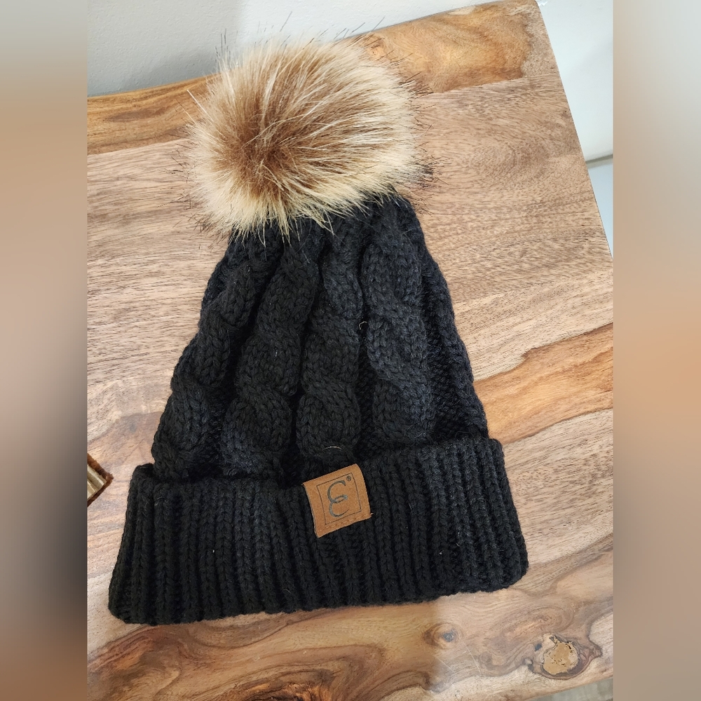 Black brown fur pom pom beanie hat